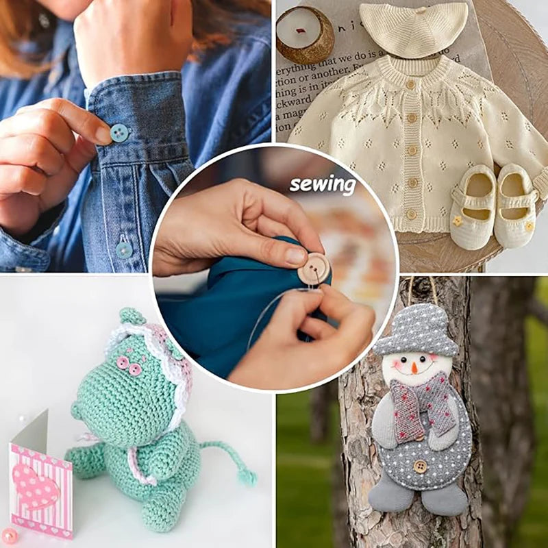 Close-up of hands sewing a fabric item, showing various resin buttons used for crafting projects.