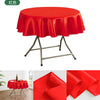 A bright red satin round table cloth displayed on a metal stand, shown in full view and as a close-up fold.