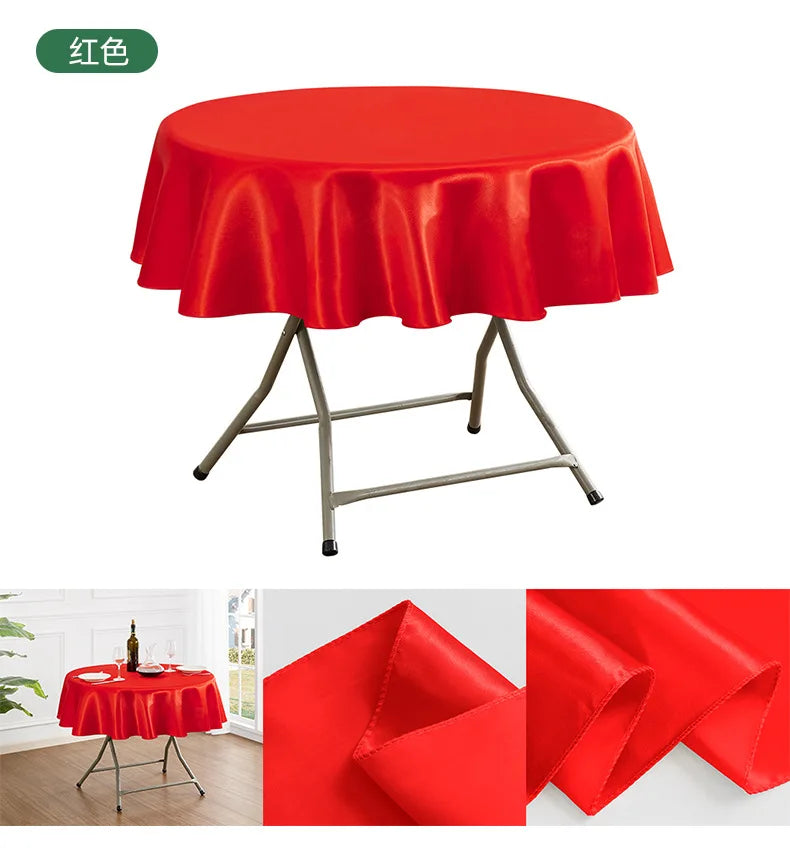 A bright red satin round table cloth displayed on a metal stand, shown in full view and as a close-up fold.