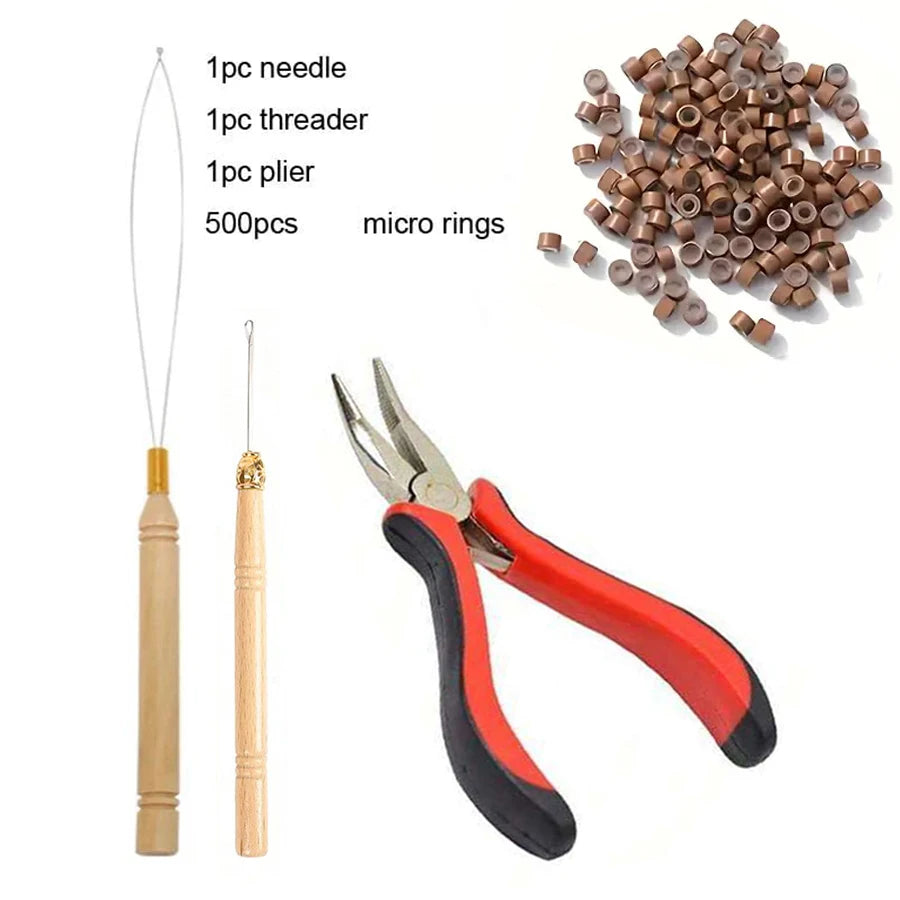 A kit of professional hair extension bead tools including a needle, threader, pliers, and micro rings.