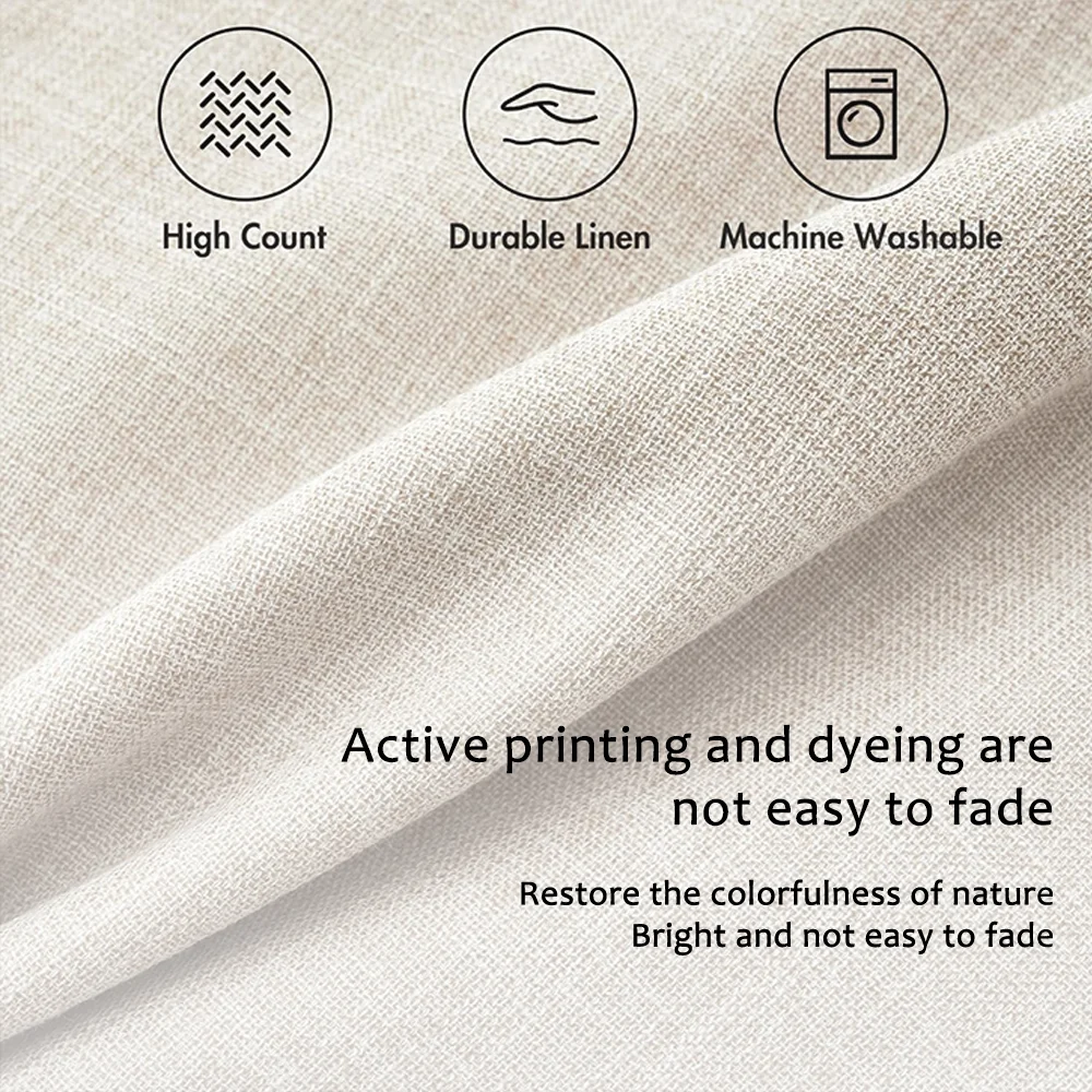 Close-up of a beige linen cushion cover showing features like high count durability and machine washability.