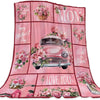 A pink floral print throw blanket featuring a vintage car design and 'Happy Mother's Day' text.