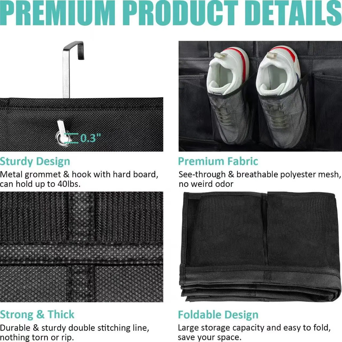 Black over-the-door shoe organizer with a metal grommet hanger and breathable fabric for shoe storage