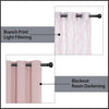 A set of two window drapes, one with branch print light filtering and another for blackout room darkening.