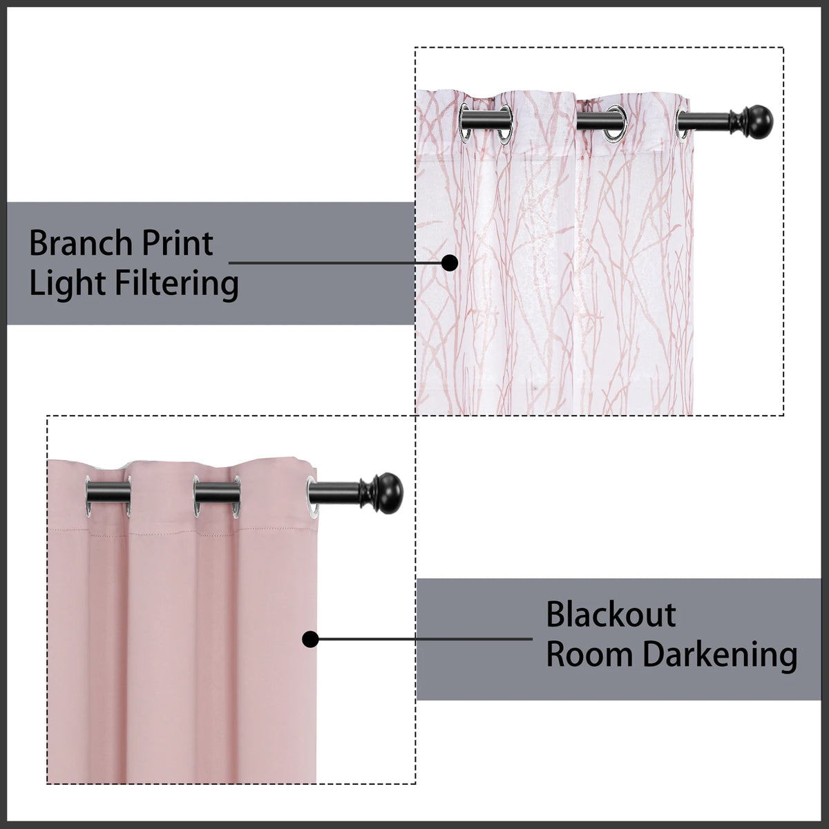 A set of two window drapes, one with branch print light filtering and another for blackout room darkening.