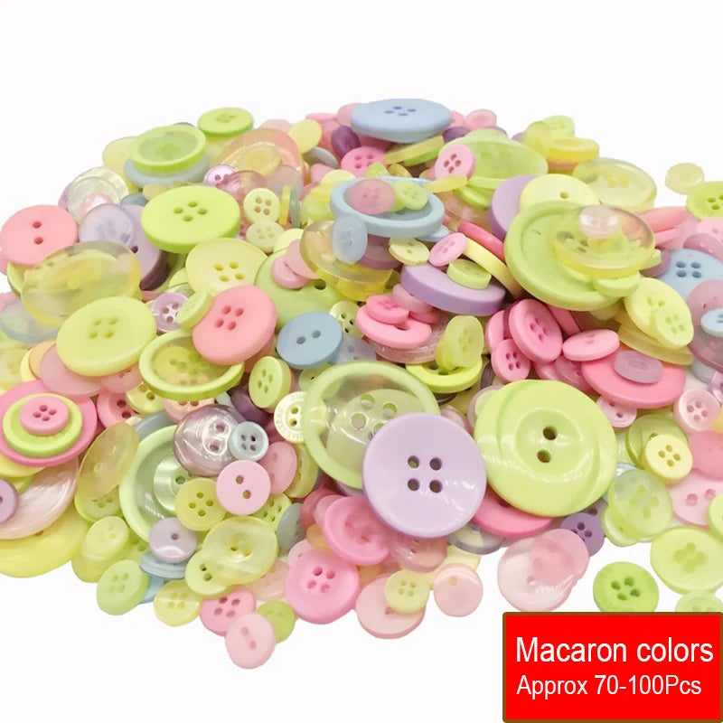 A pile of assorted resin sewing buttons in various pastel colors like pink, yellow, and blue for crafting projects