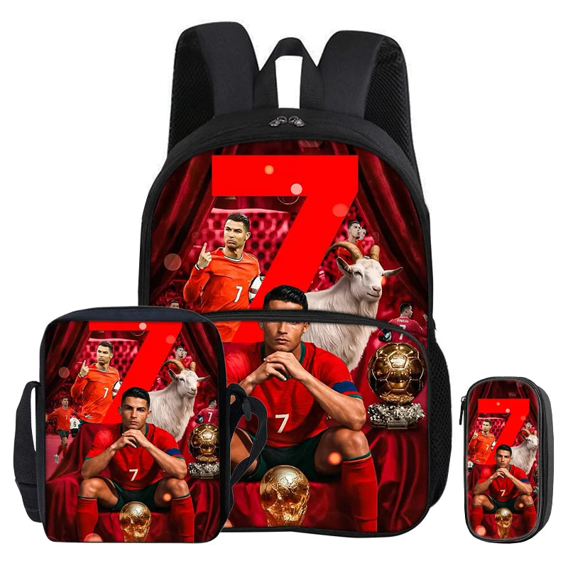 A black football sport backpack featuring a large red number 7 graphic and soccer player imagery.