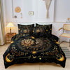 A black duvet cover set featuring a golden celestial design with sun and moon motifs.