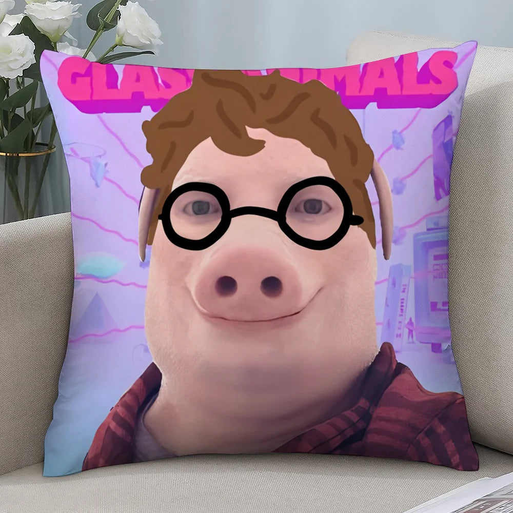 A decorative throw pillow featuring a cartoon face with large black glasses and brown hair against a purple background.