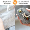 Comparison showing a metal scouring dish cloth being cleaned versus one that is difficult to remove.