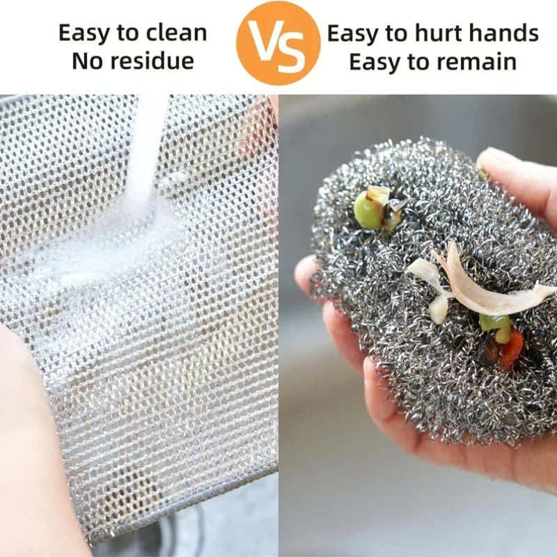 Comparison showing a metal scouring dish cloth being cleaned versus one that is difficult to remove.