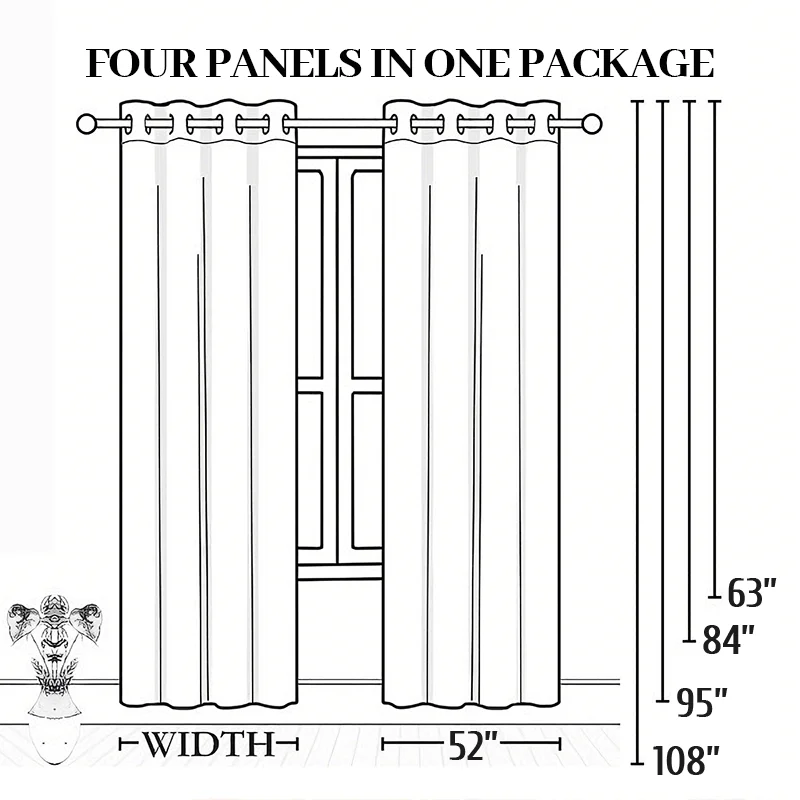 Four panels of blackout curtains with thermal insulation shown in a full-length view.