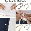 Various methods shown for applying magnetic chain buckles to clothing and jewelry.