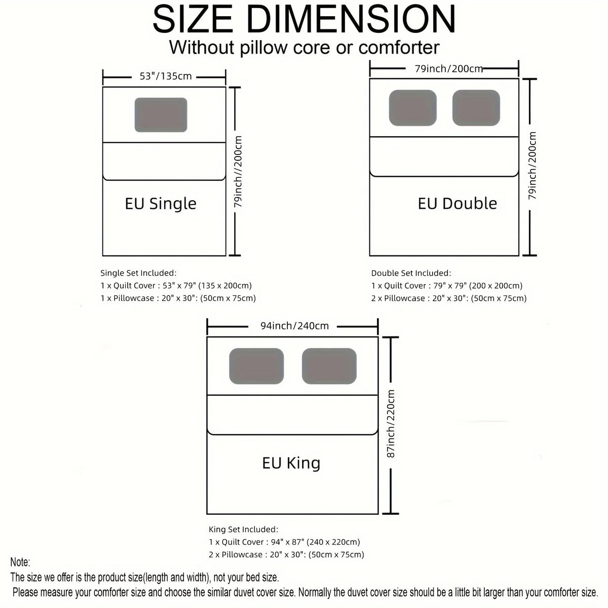 Diagram showing the size dimensions of a comforter in EU Single, Double, and King sizes.