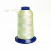 A spool of light green high tenacity polyester embroidery thread with a blue cap.