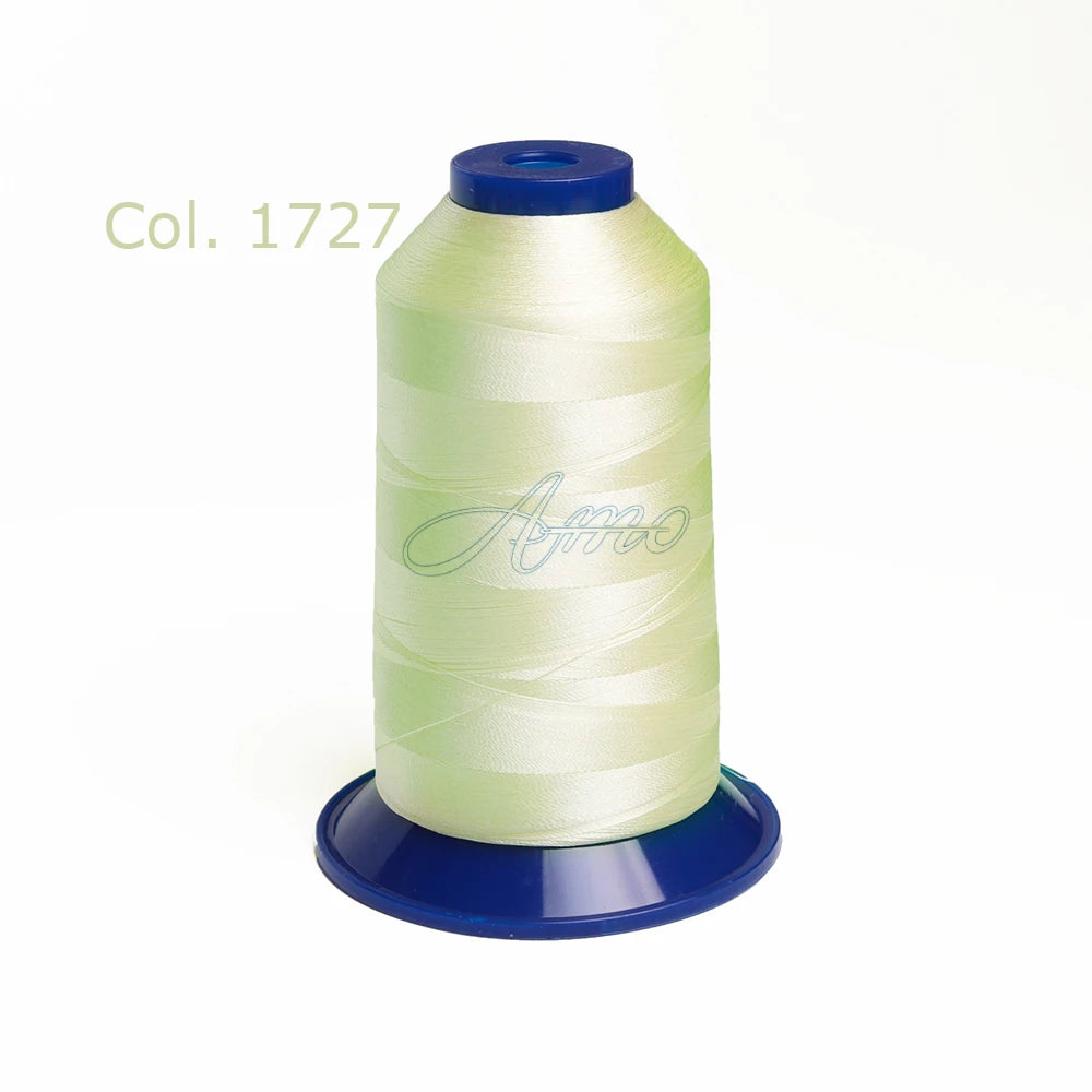 A spool of light green high tenacity polyester embroidery thread with a blue cap.