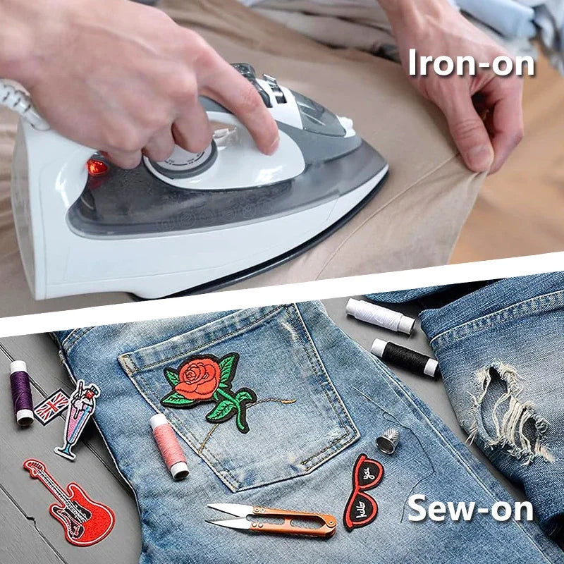 Hands are using an iron-on appliance and sewing tools to apply embroidered patches onto denim fabric.