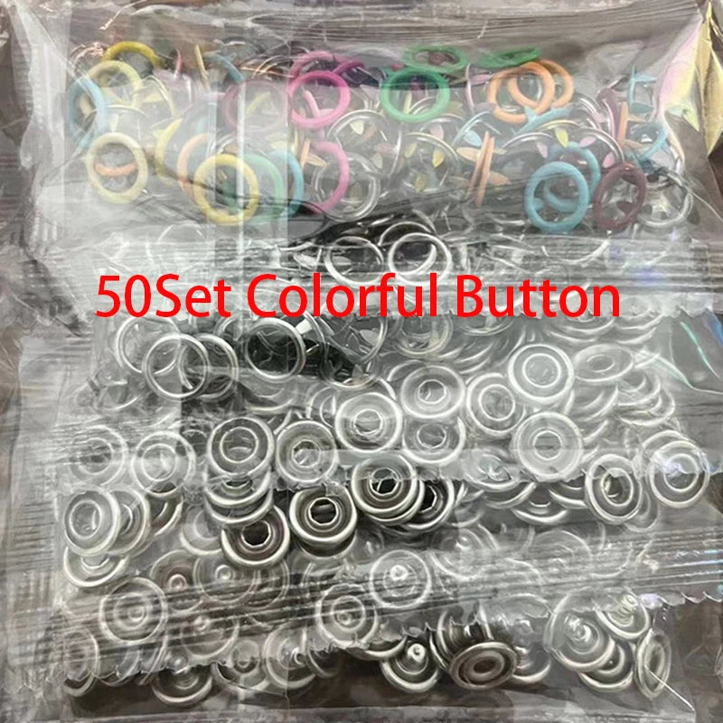 A clear plastic bag containing a 50-set of colorful metal sewing buttons.