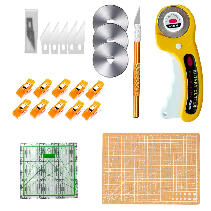 A set of a 45mm rotary cutter, cutting mat, and craft accessories including various blades and a grid cutting surface.