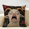 A decorative cushion cover featuring a realistic, screaming goat face with long horns and detailed floral patterns.