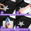 Instructions show how to iron a glitter star patch onto clothing using an iron and cloth.