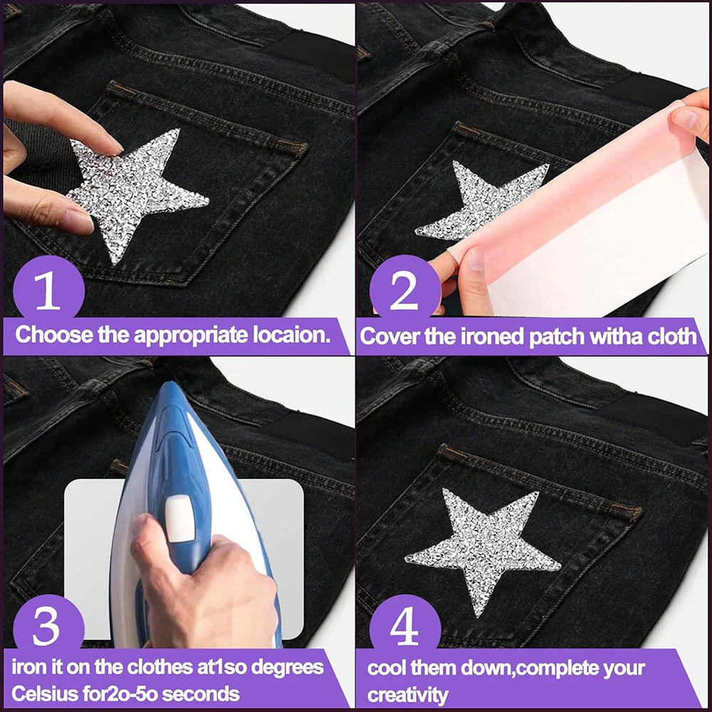 Instructions show how to iron a glitter star patch onto clothing using an iron and cloth.