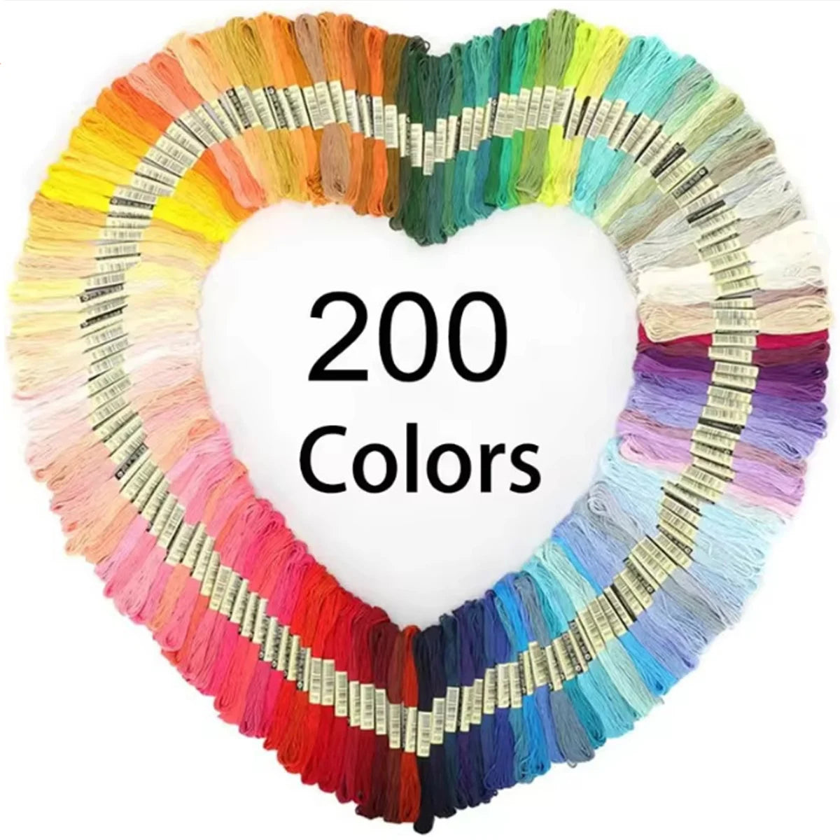 A heart-shaped display of 200 colors of vibrant polyester cross-stitch thread.