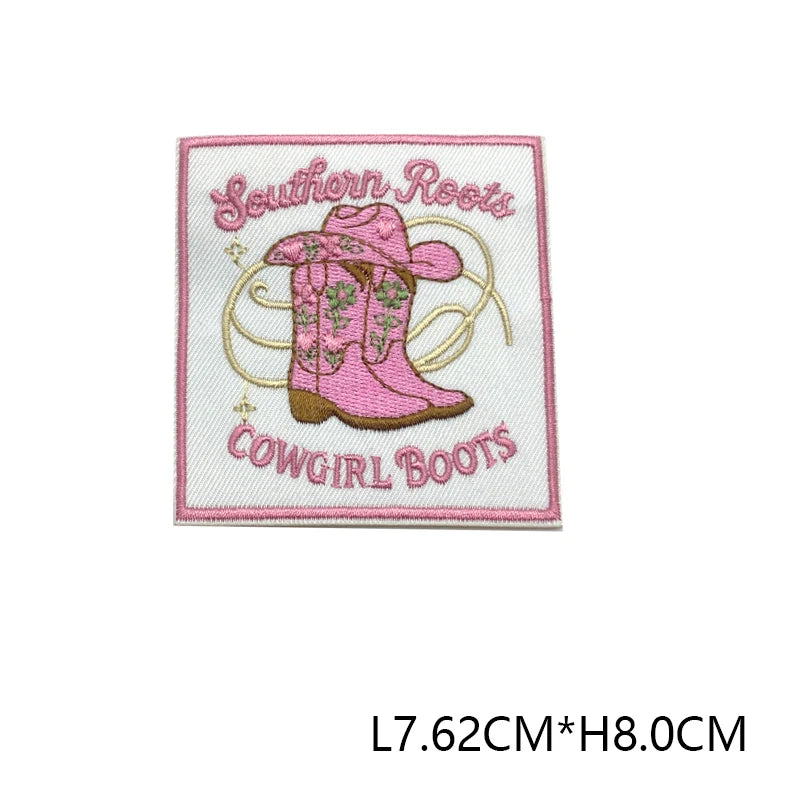 Pink embroidered patch featuring a cowboy boot design and the text Southern Roots Cowgirl Boots