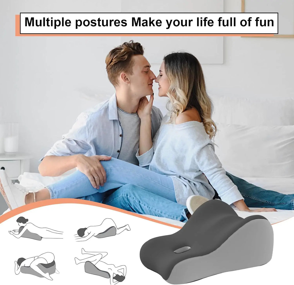 A memory foam wedge pillow for couples is shown next to a couple relaxing on a bed.
