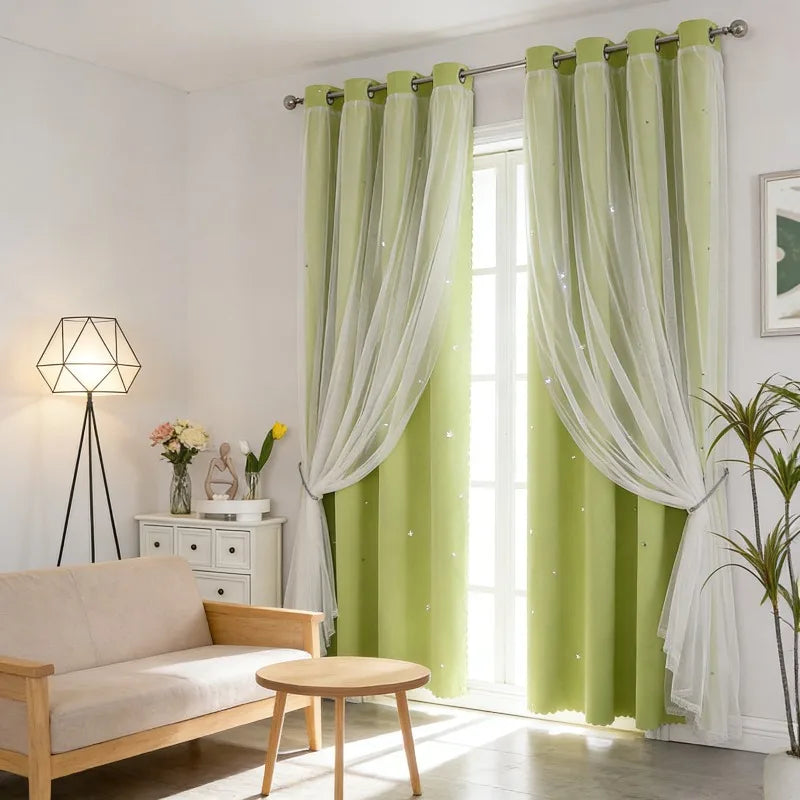 Light green and white double-layer decorative curtains hanging in a bright room.