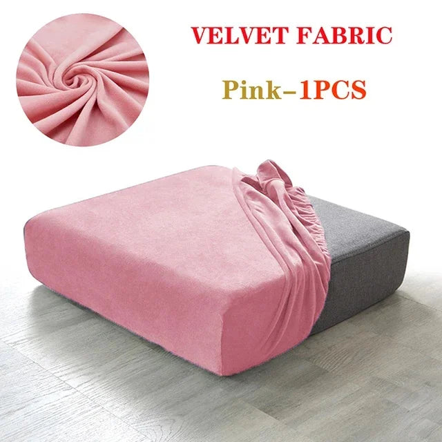 Pink velvet fabric sofa seat covers displayed on a gray sofa cushion.