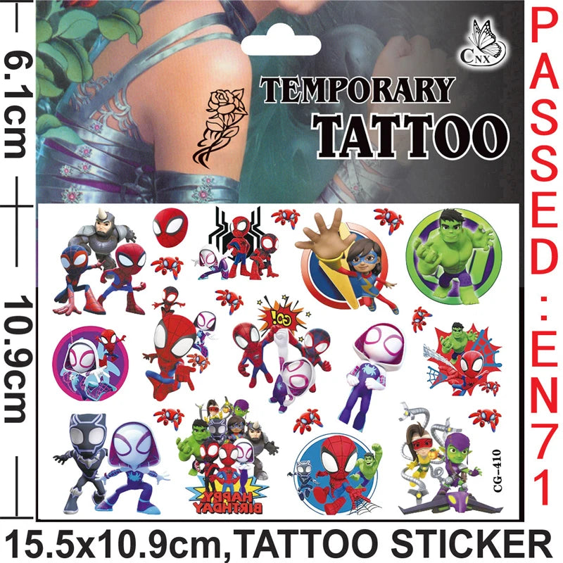 A collection of Spider-Man and his friends temporary tattoos featuring various characters in red, blue, green, and purple.