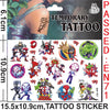 A collection of Spider-Man and his friends temporary tattoos featuring various characters in red, blue, green, and purple.