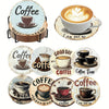 A set of diamond painting coasters featuring coffee-themed designs like a cup of coffee and a latte art design.