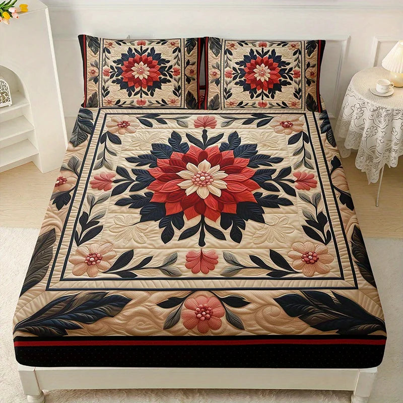 A floral print fitted sheet set featuring red and pink flowers on a beige background with matching pillowcases.