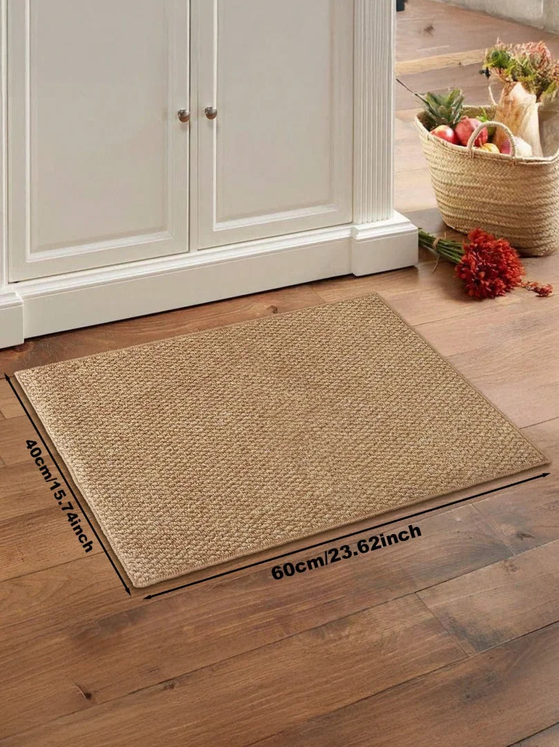 A rectangular beige kitchen runner mat placed on a wooden floor, showing its dimensions.