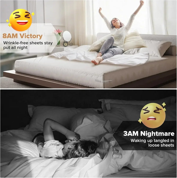 A comparison showing a happy face for 8AM victory and a distressed face for 3AM nightmare related to wrinkle-free sheets.