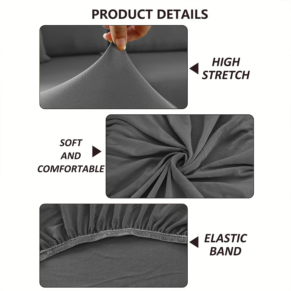Close-up view of a gray fabric cushion cover showing high stretch, soft and comfortable texture, and an elastic band detail.