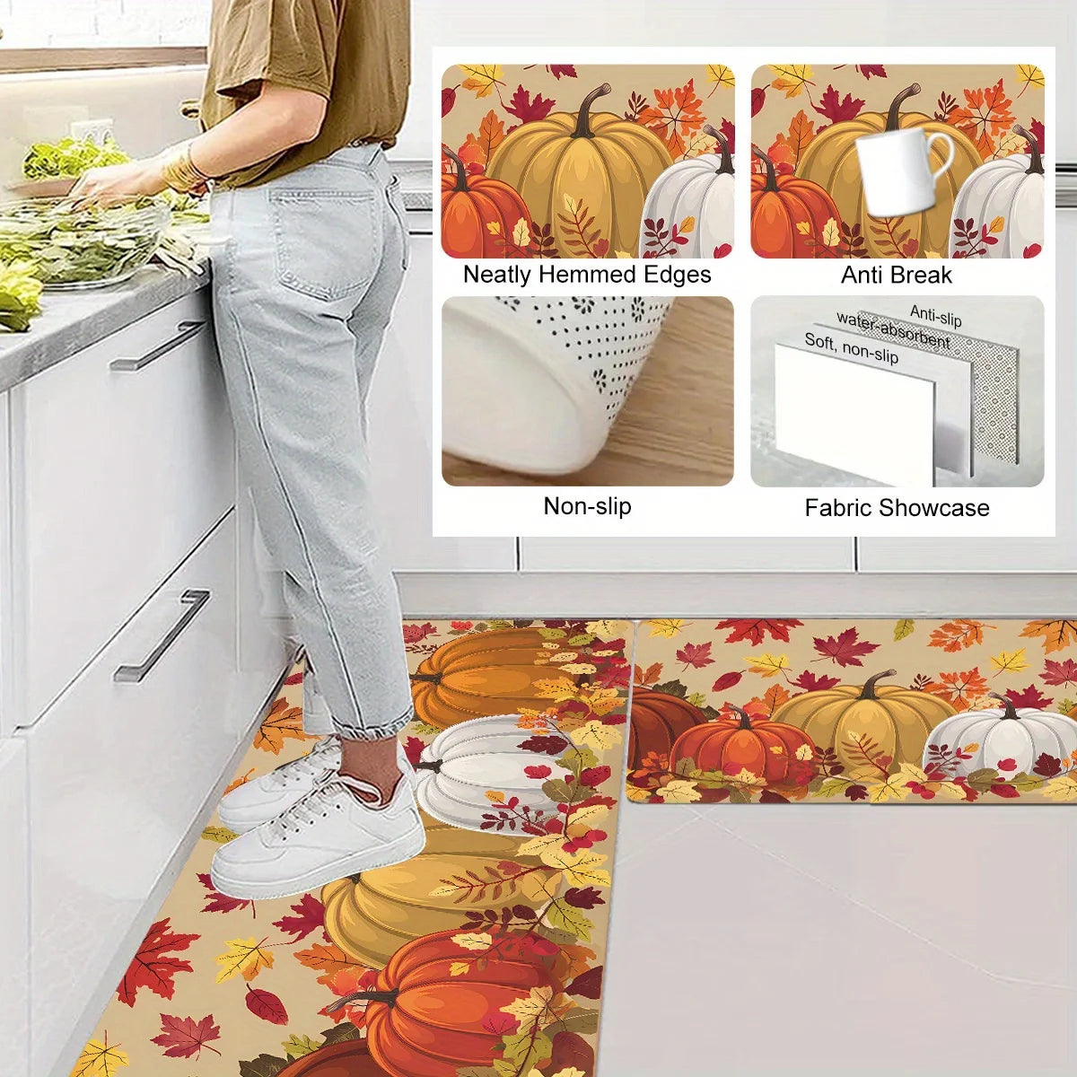 A decorative maple leaf area rug featuring autumn harvest themes like pumpkins and leaves.