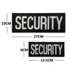 Black embroidered security patch with the word SECURITY in silver thread, shown at two different sizes.