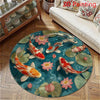 Round rug featuring a painting design of various koi fish and lotus flowers on a teal background