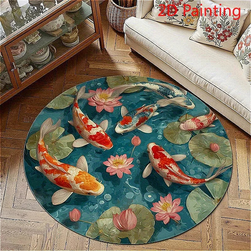 Round rug featuring a painting design of various koi fish and lotus flowers on a teal background