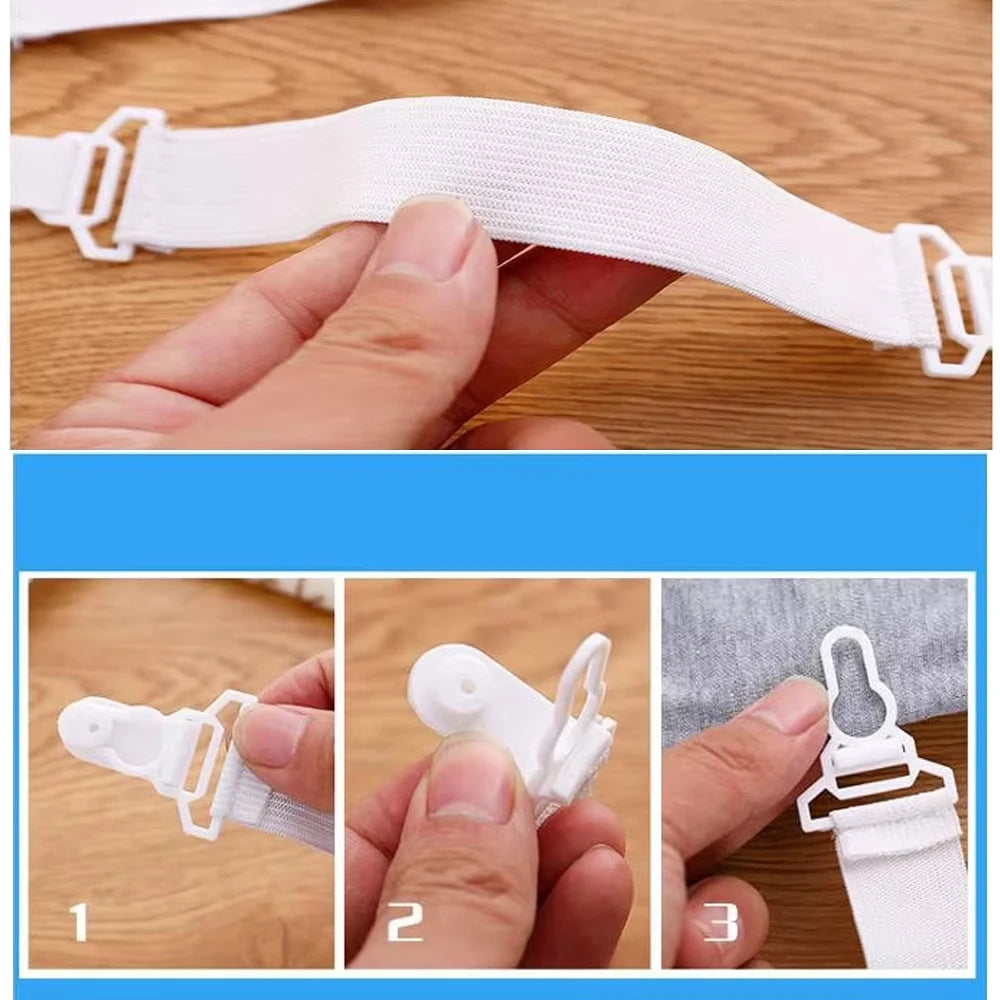 Three steps showing how to use the adjustable bed sheet and quilt holder set