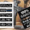 A collection of black and white embroidered letter patches featuring various phrases like Just The Tip 100% Savage and Black 