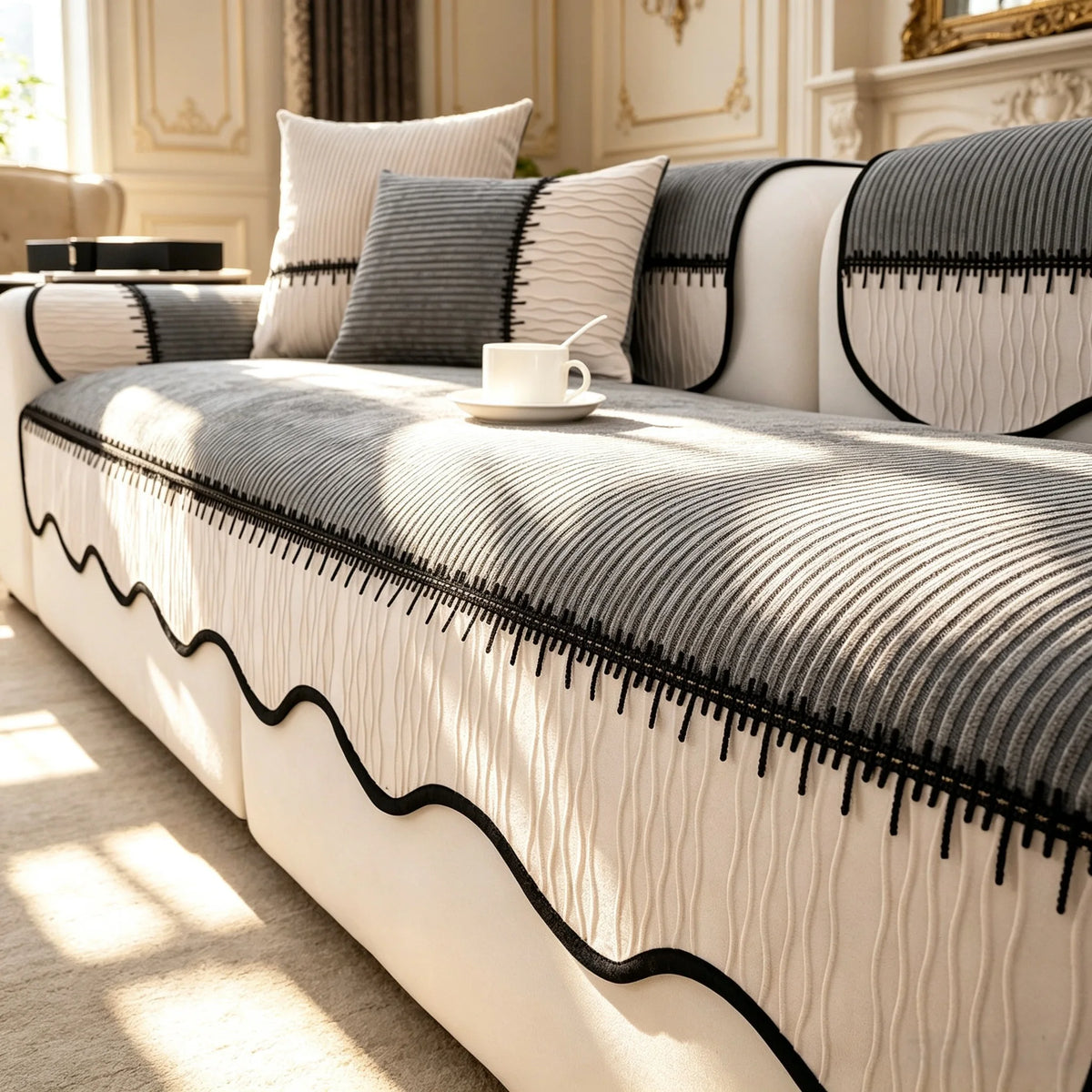 A close-up of a striped chenille pleated sofa cover featuring gray and white patterns in a bright room.