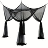 Black floor-to-ceiling mosquito net curtain draped over a frame.