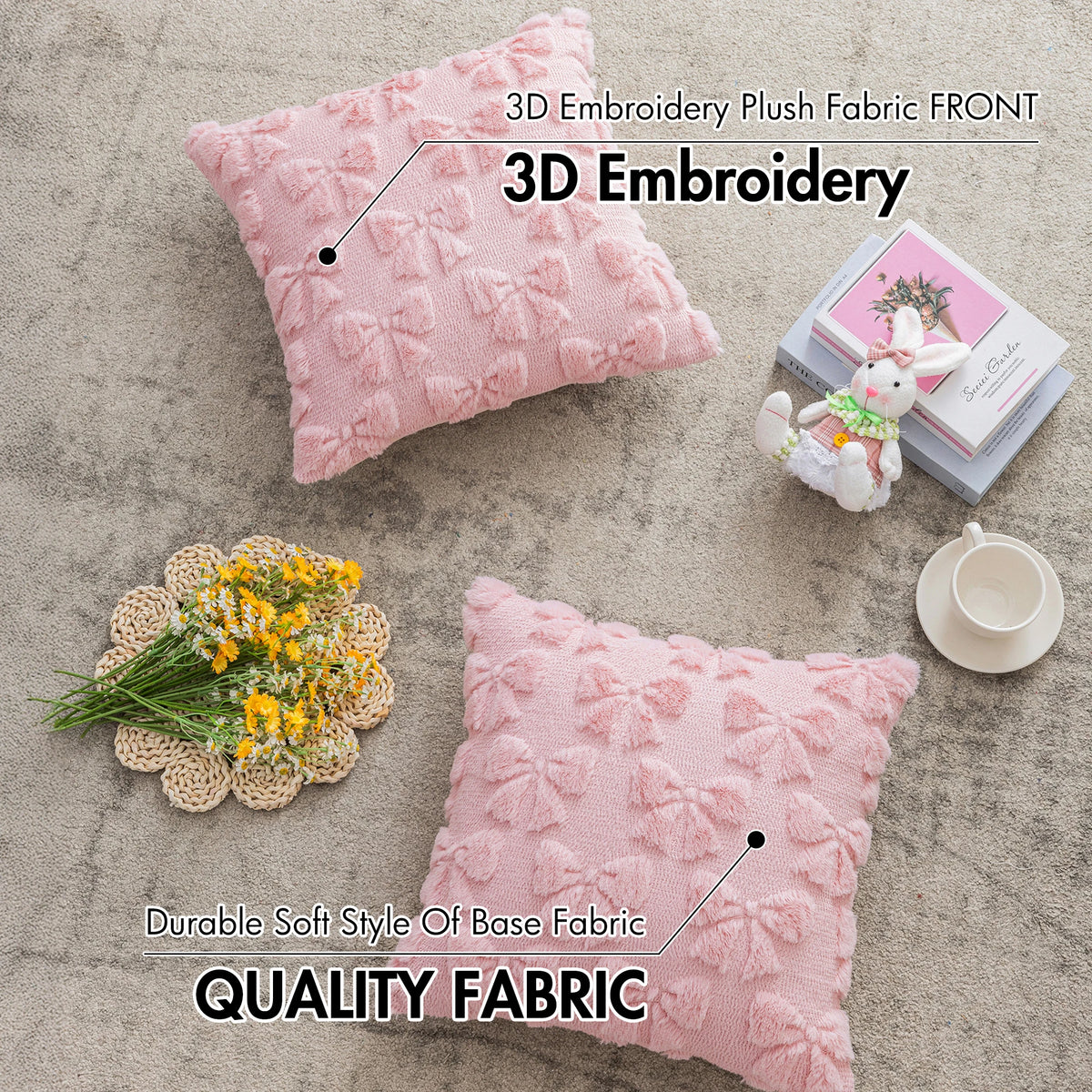 Pink 3D embroidered plush fabric front pillow covers displayed on a gray background.
