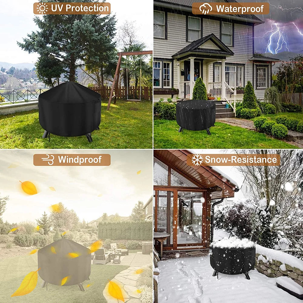 A black waterproof BBQ grill cover is shown in various contexts, including protection from UV rays, wind, and snow.