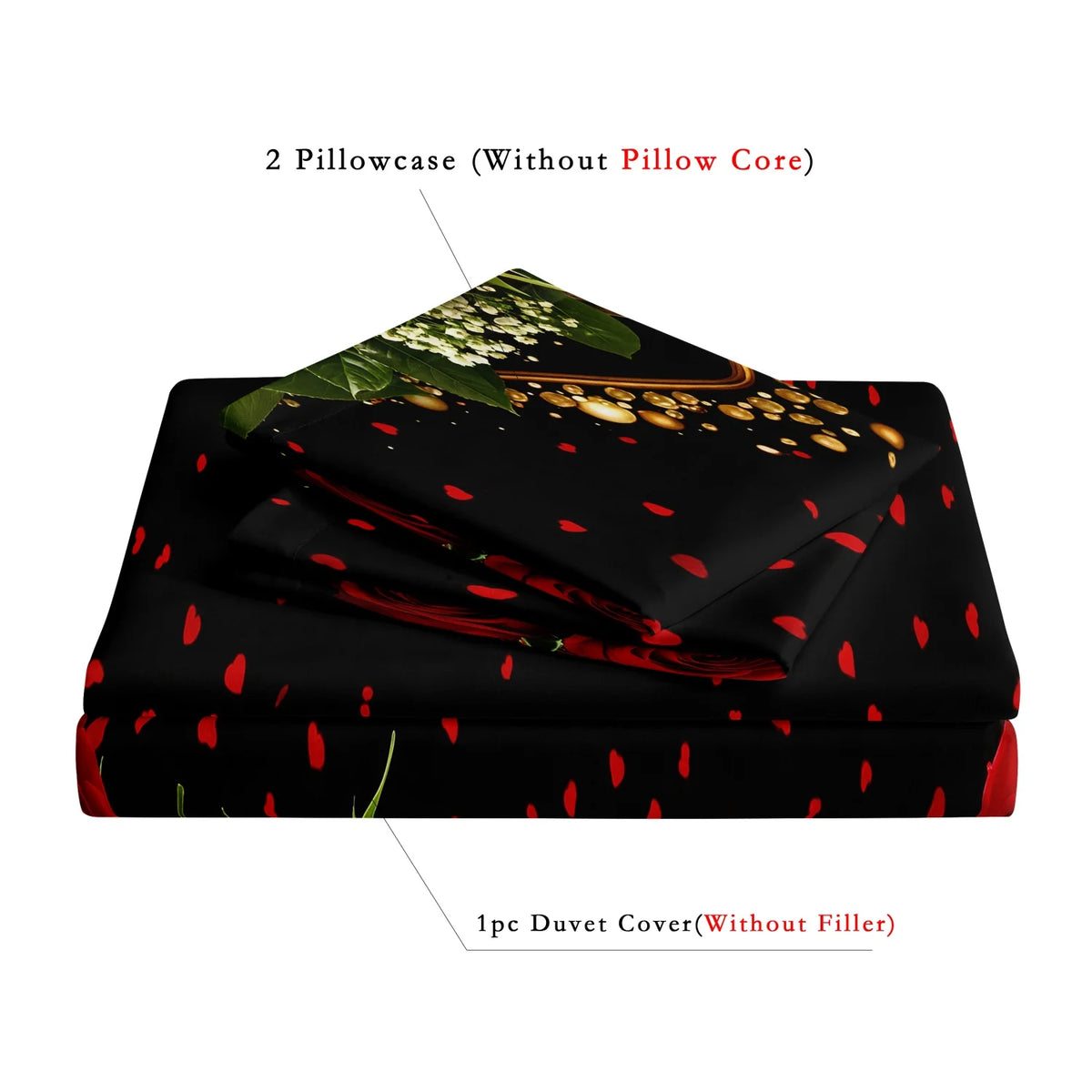 A set of two pillowcases and one duvet cover featuring a black background with red leaf patterns.