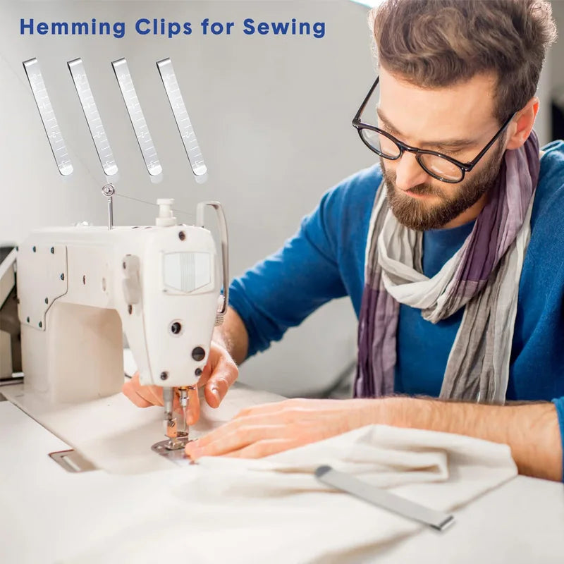 A man is using a sewing machine to apply stainless steel hemming clips for sewing on fabric.